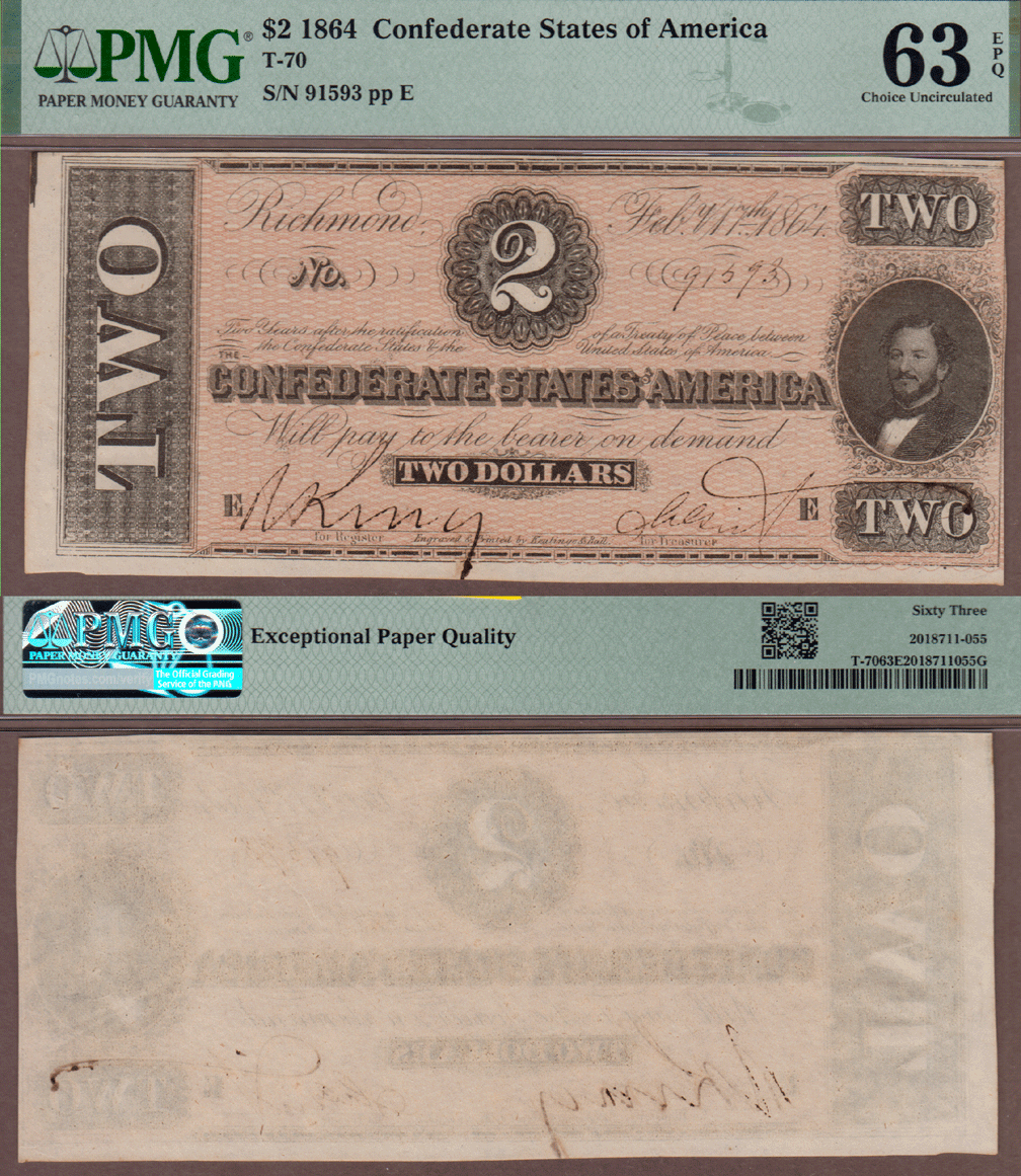 Confederate States of America Paper Money T-70 $2 1864