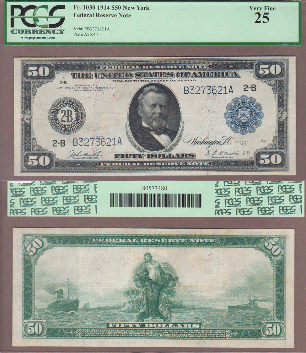 US Large Size Federal Reserve Note 1914 $50.00 FR-1030 New York PCGS VF 25