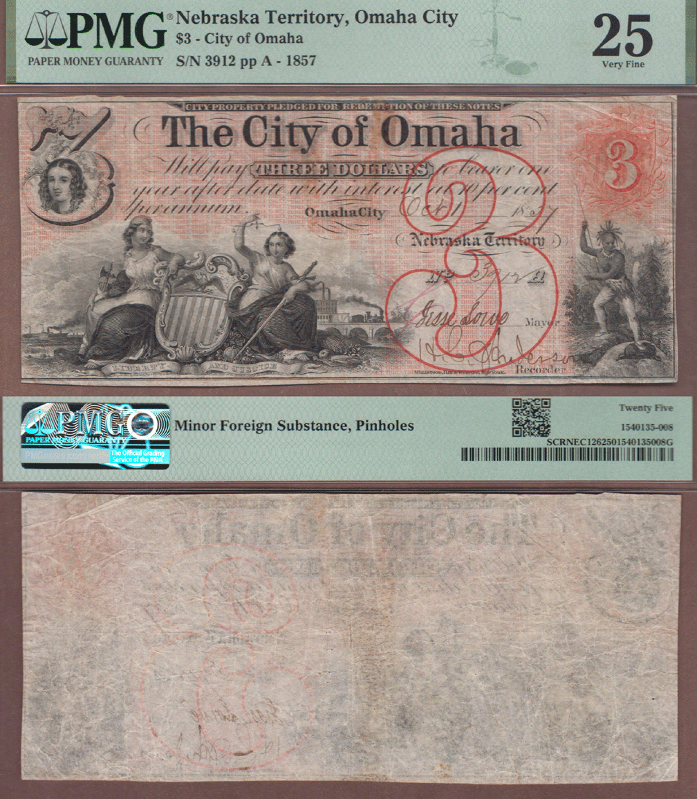 US Obsolete Bank Note Nebraska Territory - $3.00 - 1857 PMG VF 25