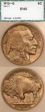 US Buffalo Nickel 1913-D 5c Type-2 PCI EF 45