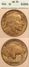 US Buffalo Nickel 1914 5c ANACS AU 55