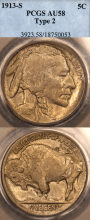 US Buffalo Nickel 1913-S 5c Type-2 PCGS AU-58