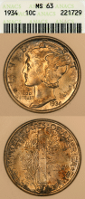 Mercury Dime 1934 10c ANACS MS 63