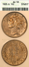Mercury Dime 1925-S 10c ANACS AU 50