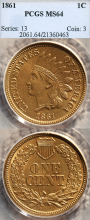 1861 1c US Indian cent copper nickel PCGS MS 64