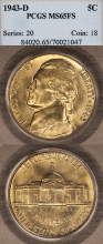 US Jefferson Nickel 1943-D 5c "Full Steps" PCGS MS 65 FS