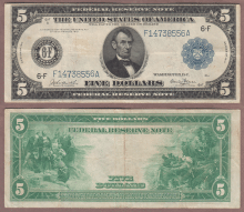 US Large Size Federal Reserve Note 1914 $5.00 FR-865 Atlanta