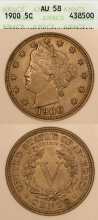 US Liberty V Nickel 1900 5c ANACS AU 58
