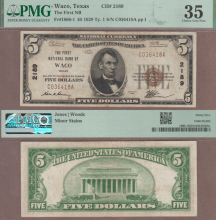 US Small Size National Bank Note 1929 $5.00 Type 1 FR-1800-1 Waco Texas Charter 2189 PMG VF 35
